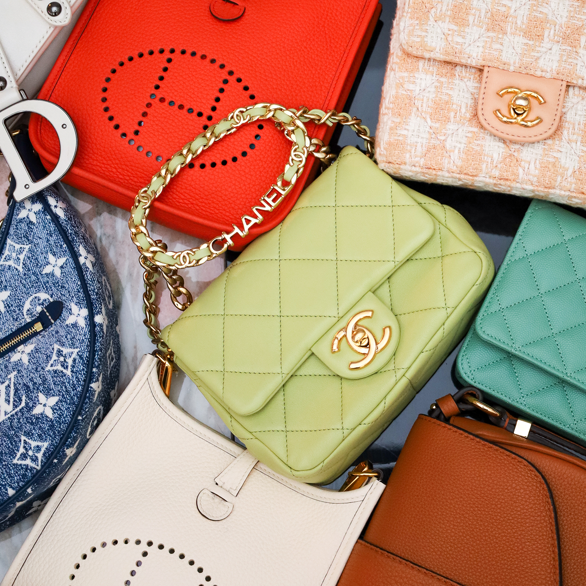 Image of colorful luxury handbags from Vivrelle.