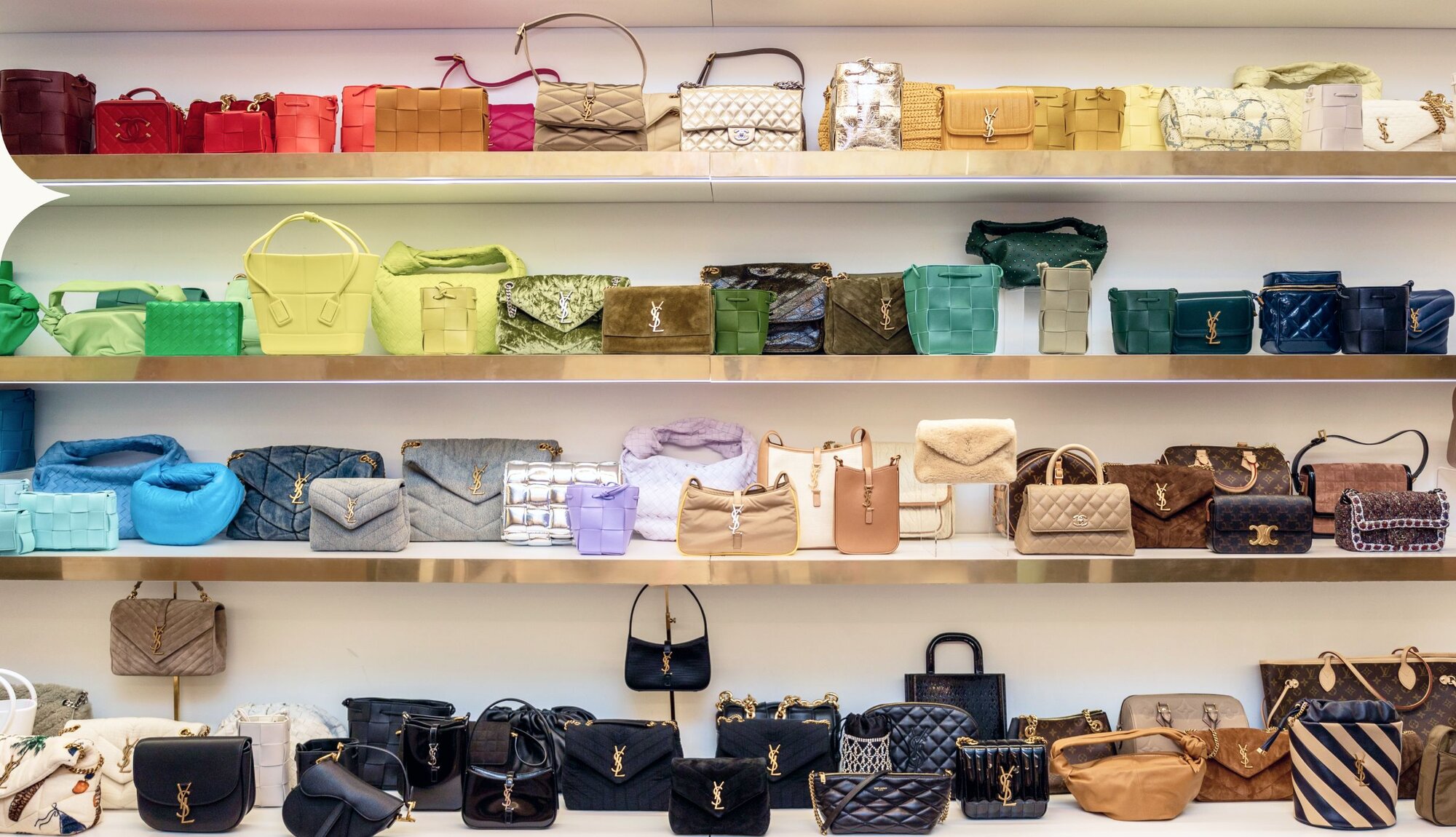 Image of colorful luxury handbags from Vivrelle, on colorful background colors.