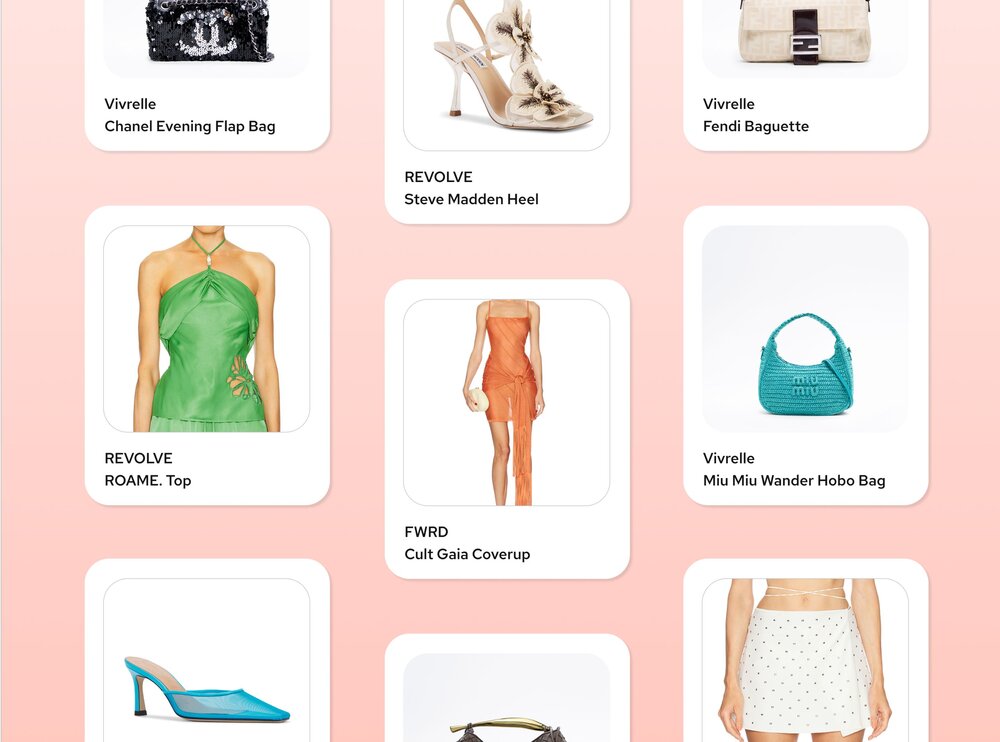 Image of luxury bags from Vivrelle plus clothing from Revolve and FWRD.