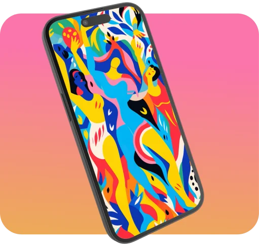 Un iPhone avec une illustration colorée en fond d'écran