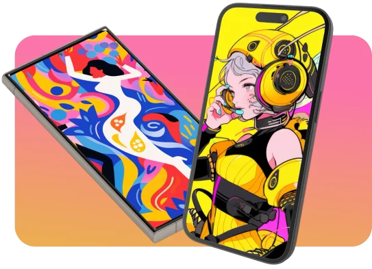 Deux smartphones avec des illustrations en fond d'écran