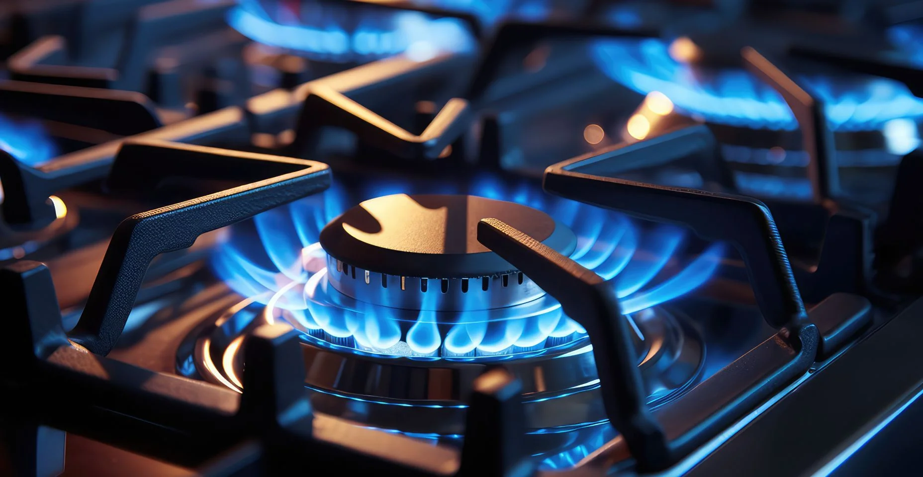 Queimador de fogão a gás de cozinha com transparência de chama azul. Banner horizontal com queimador de fogão a gás no fogão da cozinha. Crise económica, aumento do custo do gás