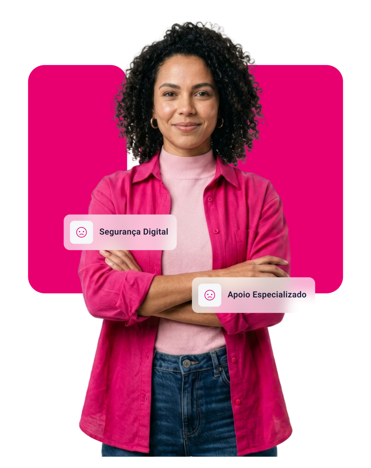Mulher de braços cruzados em fundo rosa divulgando Serasa contra Fraudes.