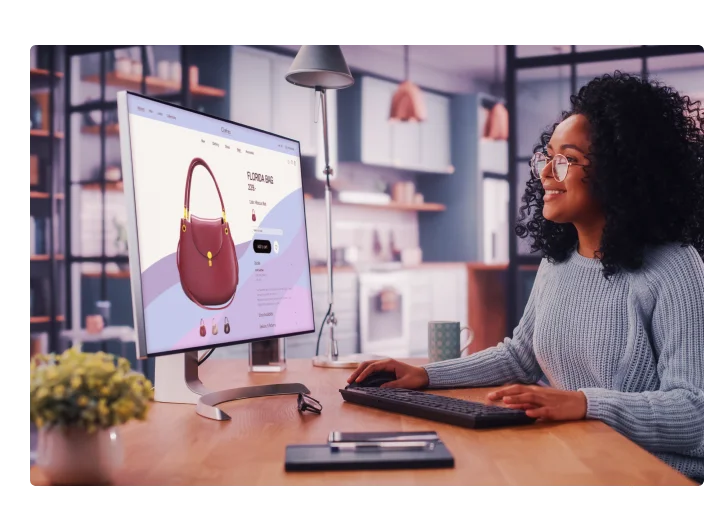 Mulher Usando computador desktop com roupas Loja Web Online para Escolher e Comprar Roupas da Nova Coleção. Mulher navegando na Internet na sala de estar em casa enquanto se senta em uma mesa