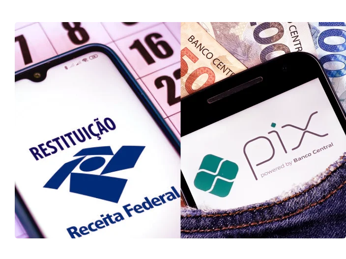 é uma imagem que tem dois lados, do lado esquerdo tem um celular com o logo da receita federal com um calendário no fundo. Já do lado direito tem um celular com o logo do PIX é dinheiro no fundo.