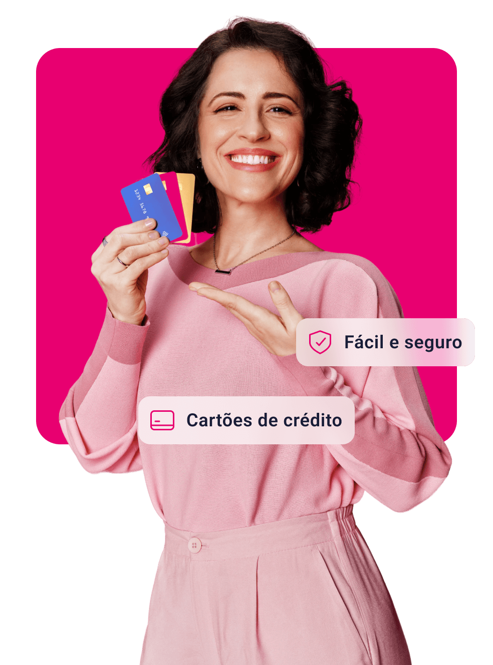 Pessoa segurando vários cartões na mão. Cartões de crédito. Fácil e seguro. 