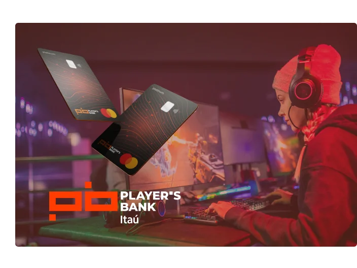 Logo do player's bank, cartão do player's bank e de fundo tem uma mulher jogando um jogo online