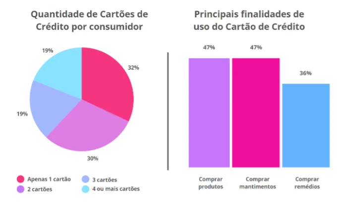 Gráficos mostrando quantidade de cartões e principais finalidades de uso do cartão de crédito