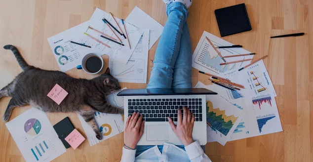 homem no meio de varios papeis e canetas, segurando um notebook no colo com um gato deitado do lado