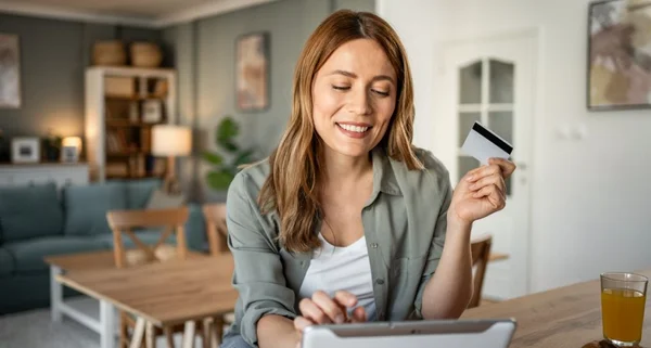 Uma mulher está sentada em seu quarto verificando seu orçamento mensal via internet banking, usando um tablet digital e cartão de crédito
