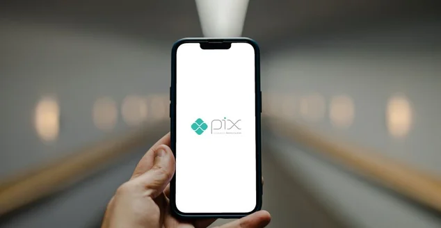 Logotipo Pix na tela do smartphone em fundo branco. Pix é o novo sistema de pagamentos instantâneos do Banco Central do Brasil.