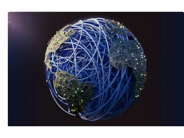 Representação gráfica do planeta Terra composto por cabos de rede e placas de circuito, representando o Dia mundial da internet