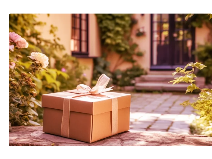 Entrega de loja de presentes elegante, serviço postal e compras on-line de luxo, caixa de encomendas com um laço na porta de uma casa no campo