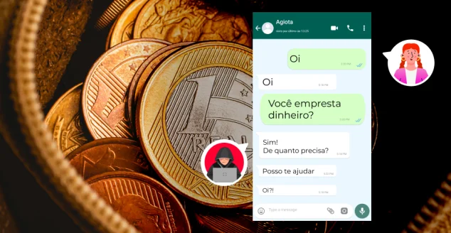 Moedas dentro de um porta-moedas, com uma simulação de conversa de whatsapp com agiota logo acima