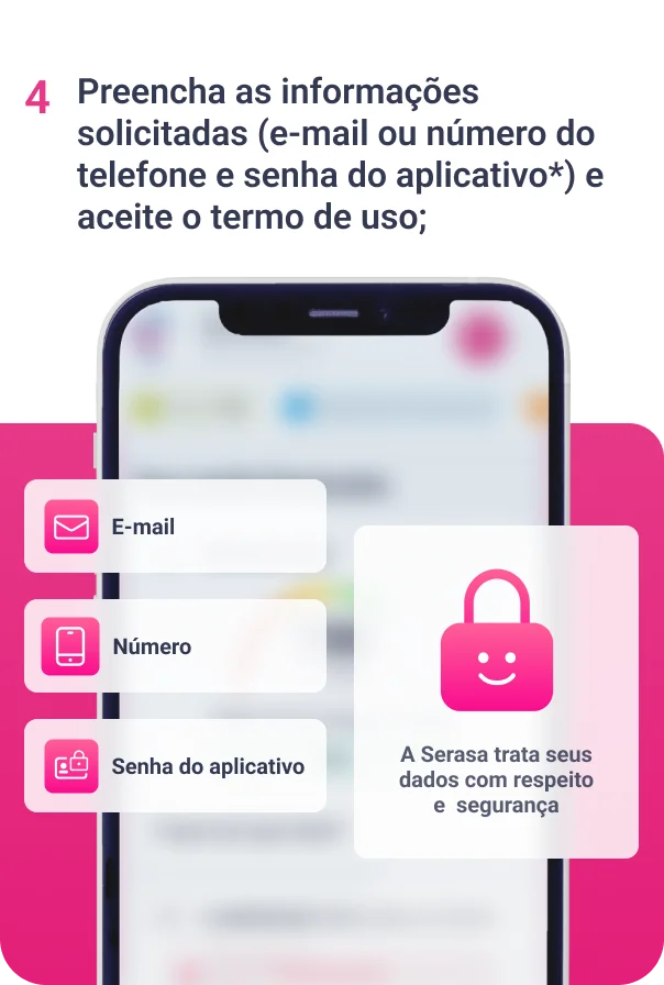 Imagem com o título "4 Preencha seus dados bancários" seguido de uma ilustração mostrando um celular com sua tela desfocada e acima quatro retângulos, sendo eles:
1. Ícone de uma mão segurando uma moeda seguido da legenda "CPF"
2. Ícone de uma casa com um sifrão dentro dela, seguido da legenda "Agência"
3. Ícone de dinheiro seguido da leganda "Conta Corrente"
4. Ícone de cadeado seguido da frase "A Serasa trata seus dados com respeito e segurança"