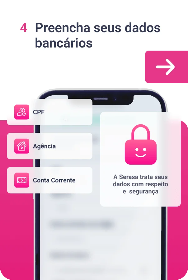 Imagem com o título "4 Preencha seus dados bancários" seguido de uma ilustração mostrando um celular com sua tela desfocada e acima quatro retângulos, sendo eles:
1. Ícone de uma mão segurando uma moeda seguido da legenda "CPF"
2. Ícone de uma casa com um sifrão dentro dela, seguido da legenda "Agência"
3. Ícone de dinheiro seguido da leganda "Conta Corrente"
4. Ícone de cadeado seguido da frase "A Serasa trata seus dados com respeito e segurança"