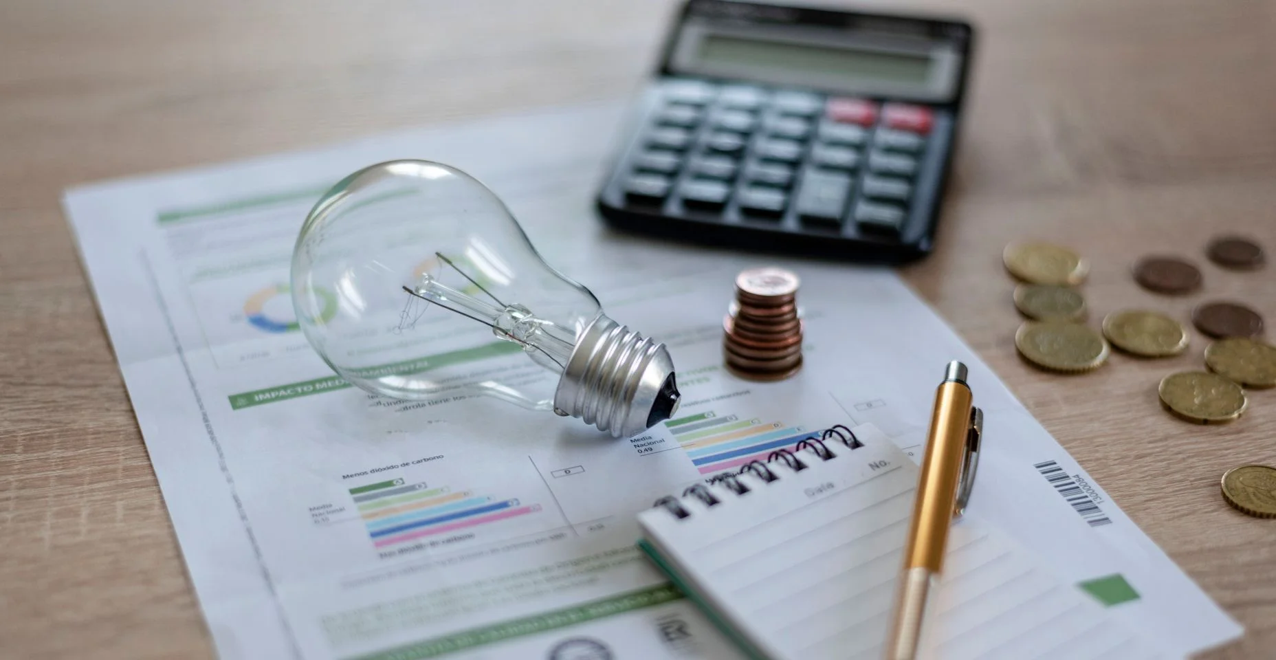 Lâmpada com moedas, notebook com uma caneta e calculadora e conta de luz em um fundo de madeira