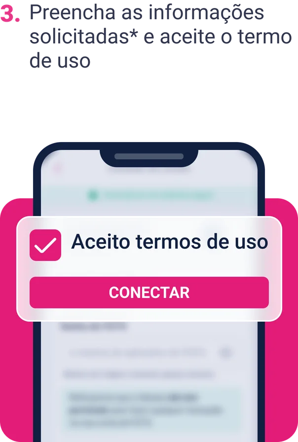 Imagem com o título "3. Preencha as informações solicitadas* e aceite o termo de uso" seguido de uma ilustração mostrando um celular com sua tela desfocada e acima um retângulos com os Termos de uso da Serasa