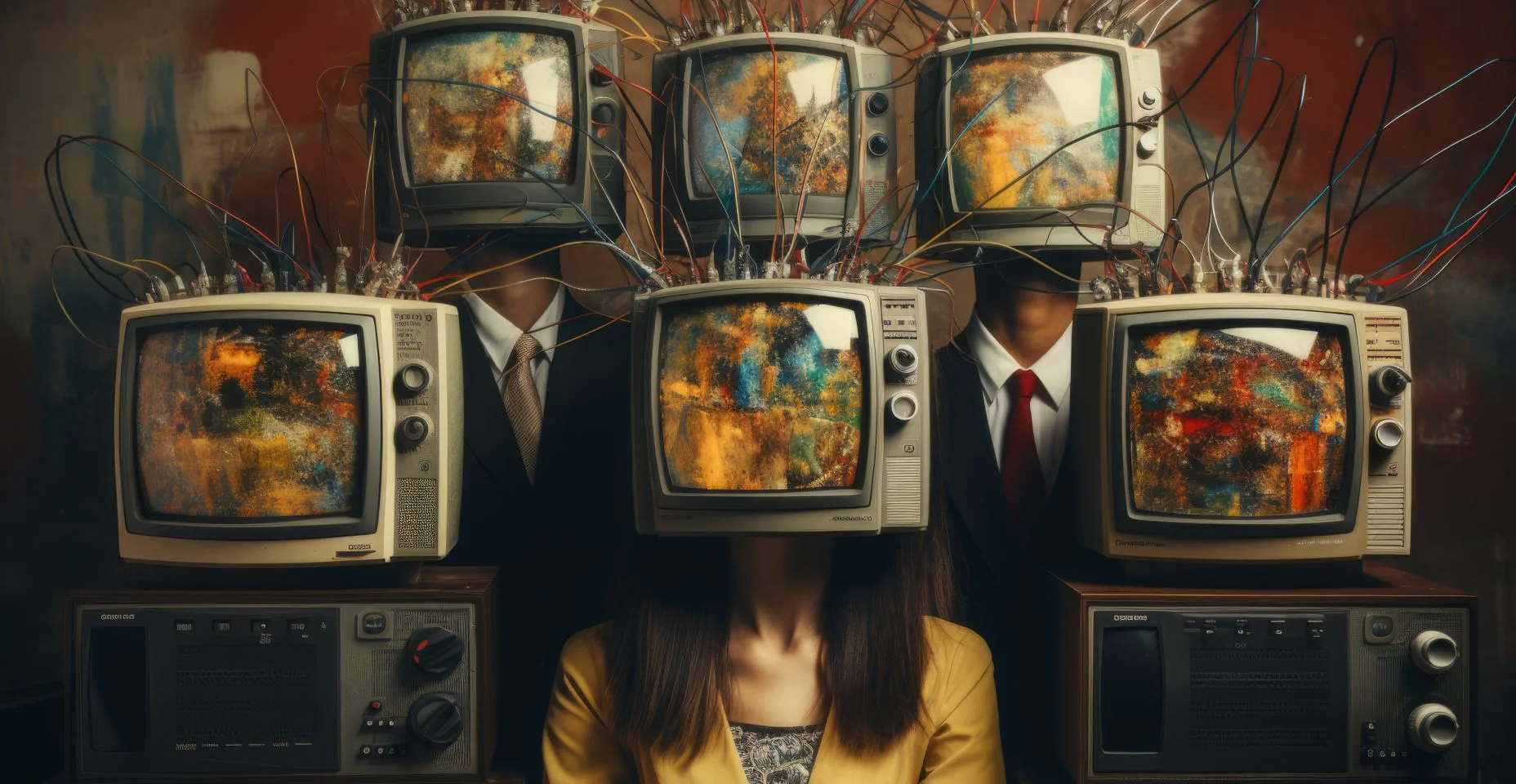 Uma colagem arrepiante de figuras humanas com cabeças de TV retrô, parecendo zumbis, retratando a censura, a desinformação e o seguimento cego da mídia de massa.