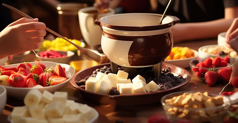 Amigos curtindo uma festa de fondue de chocolate com frutas frescas e guloseimas em um ambiente interno convidativo