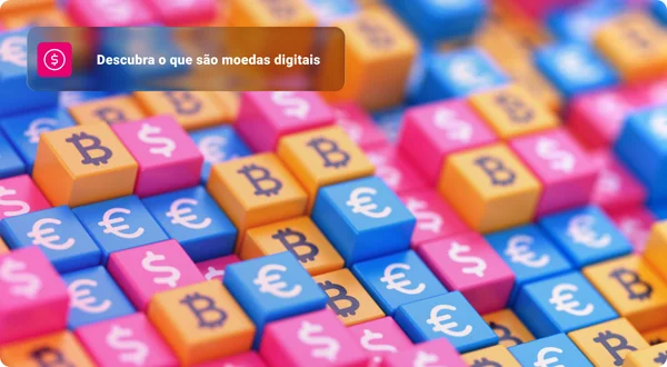 Fundo futurista da moeda. Sinais de Bitcoin, dólar e euro em cubos dão forma a fundo