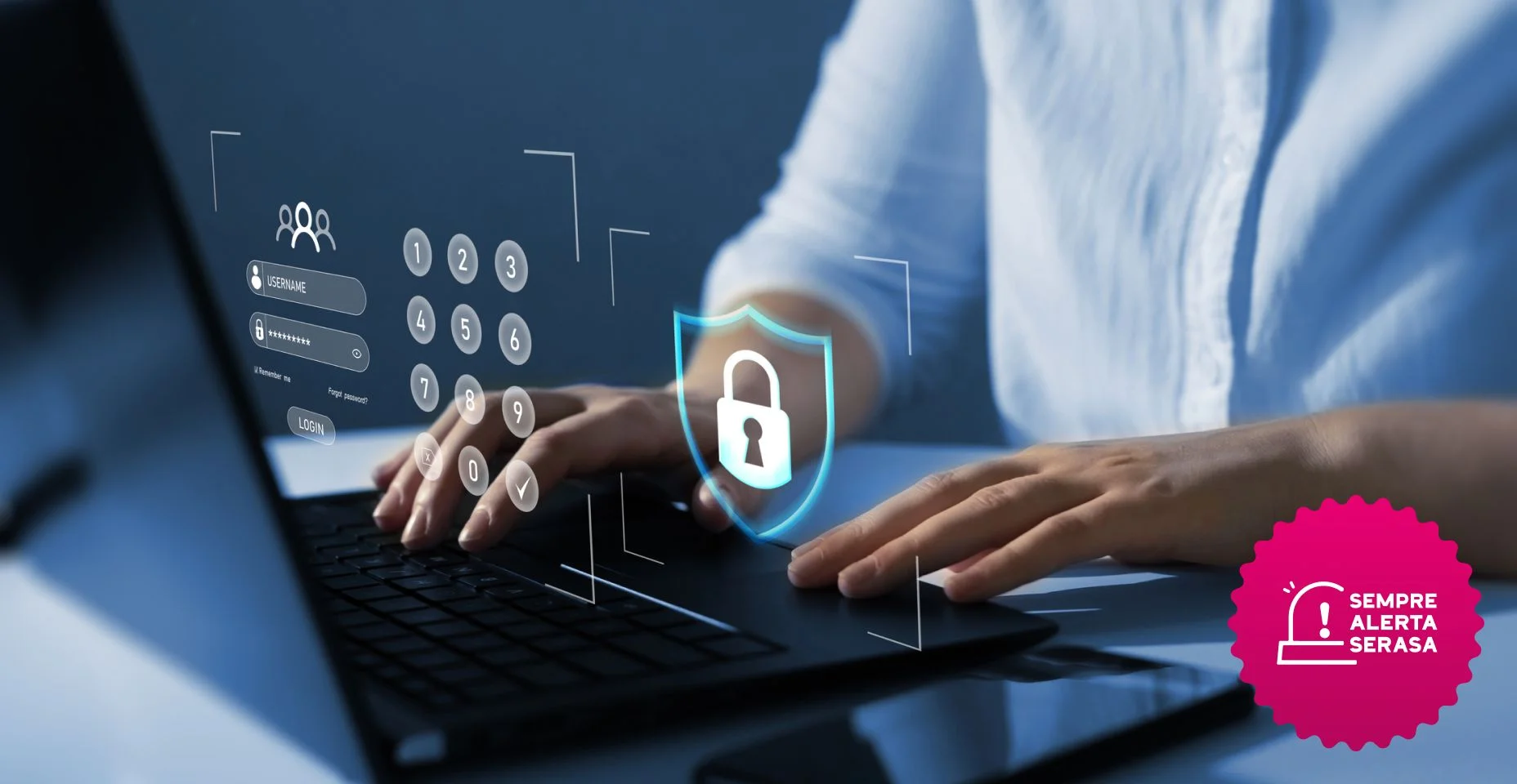 Acesso seguro a informações pessoais de usuários da rede. Proteção de dados e acesso seguro à internet. Conceito de segurança cibernética.