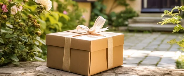 Entrega de loja de presentes elegante, serviço postal e compras on-line de luxo, caixa de encomendas com um laço na porta de uma casa no campo