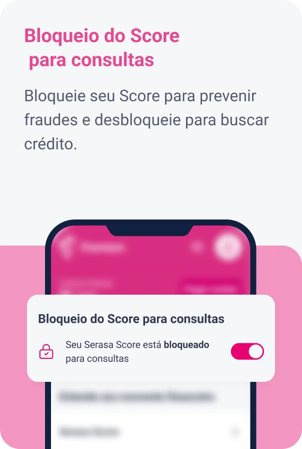 Imagem da tela de um celular com o App Serasa aberto na aba Premium demonstrando o bloqueio de Score para consultas