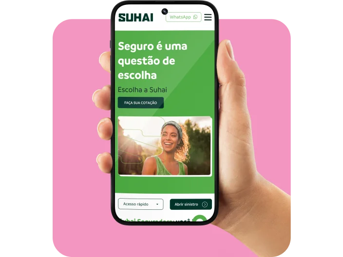 mão segurando um celular com o site da Suhai aberto