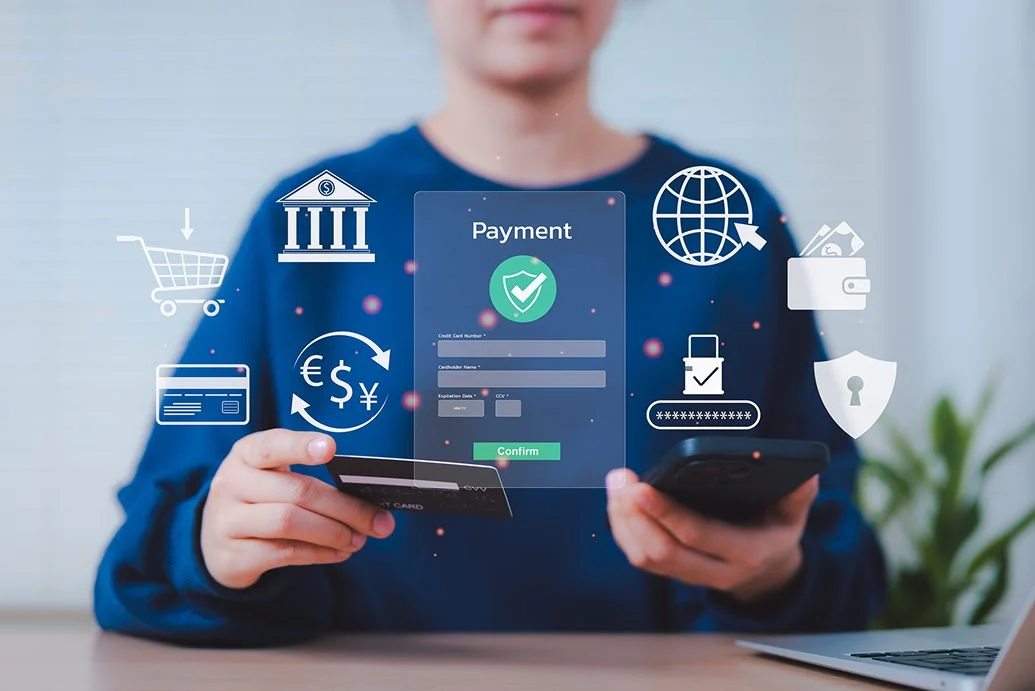 Secure Online Payment Transaction Process concept. A person confirming secure online payment using a credit card through a digital interface with a verification tick symbol. Internet banking, fintech