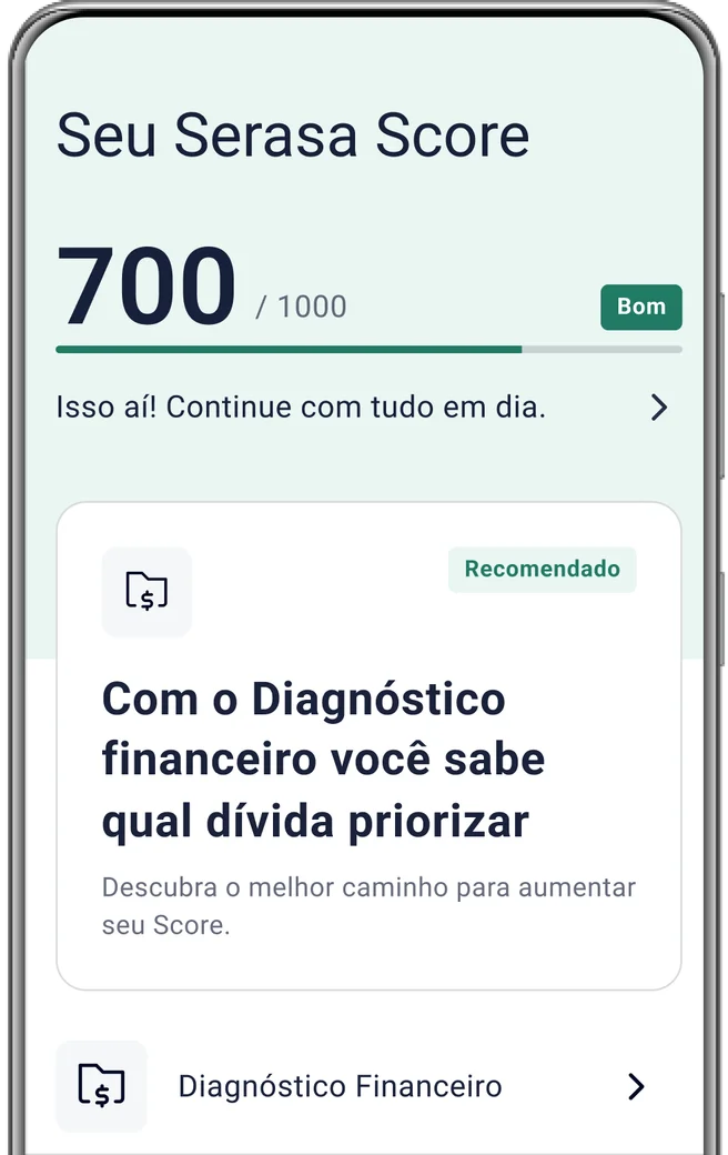 Imagem ilustrativa da tela de consulta do Serasa Score no aplicativo. Exibe score de crédito de 580 pontos com classificação como Bom. Interface mostra recomendação de próximos passos e opções como variações na pontuação e diagnóstico financeiro. Não representa dados da pesquisa do Mapa do Score do Brasil.
