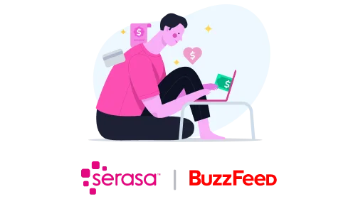 Ilustração de personagem pesquisando perfis de crédito com Serasa e BuzzFeed