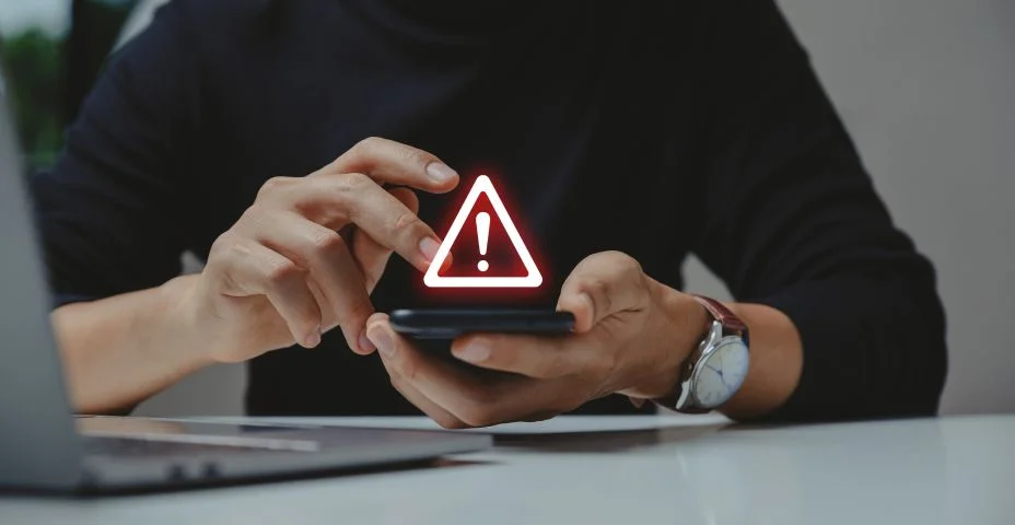 Cuidado ao investir Alerta de situação econômica, conceito de Phishing e segurança na internet, Empresário usando smartphone com sinal de alerta.