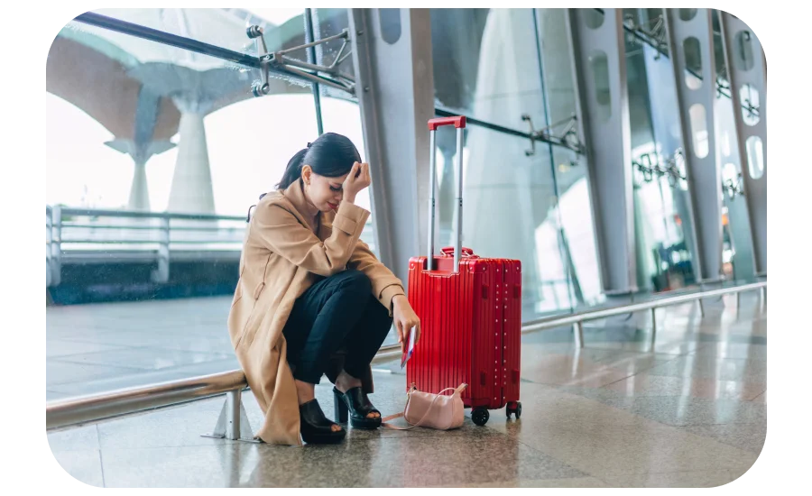 Mulher ajoelhada no chão do aeroporto chorando ao lado de sua mala