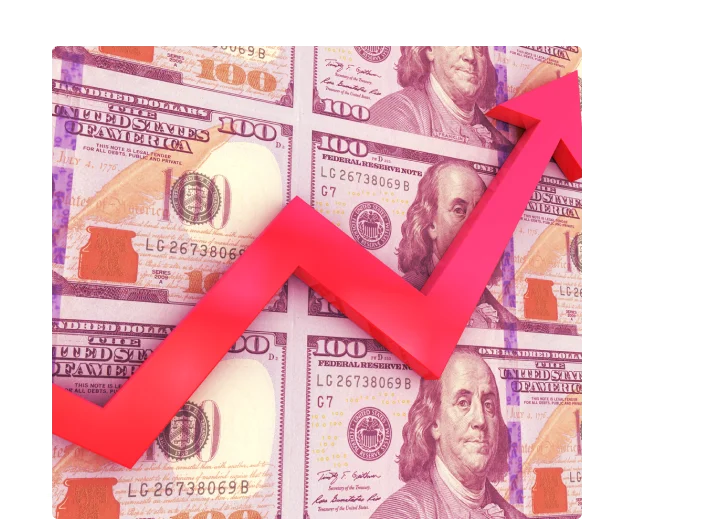 Foto com varios dólares e uma seta vermelha representando o crescimento