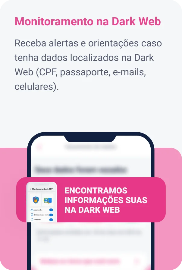 Imagem da tela de um celular com o App Serasa aberto na aba Premium demonstrando o monitoramento de vazamento de dado na Dark Web