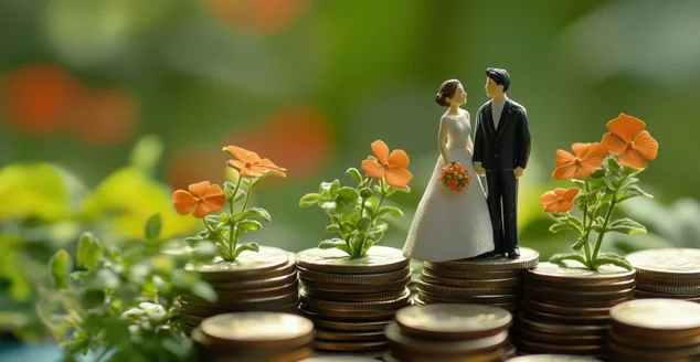 Economizar dinheiro para o seu casamento: uma meta financeira sustentável para sua vida familiar ou conjugal. Simbolizando crescimento e economia.