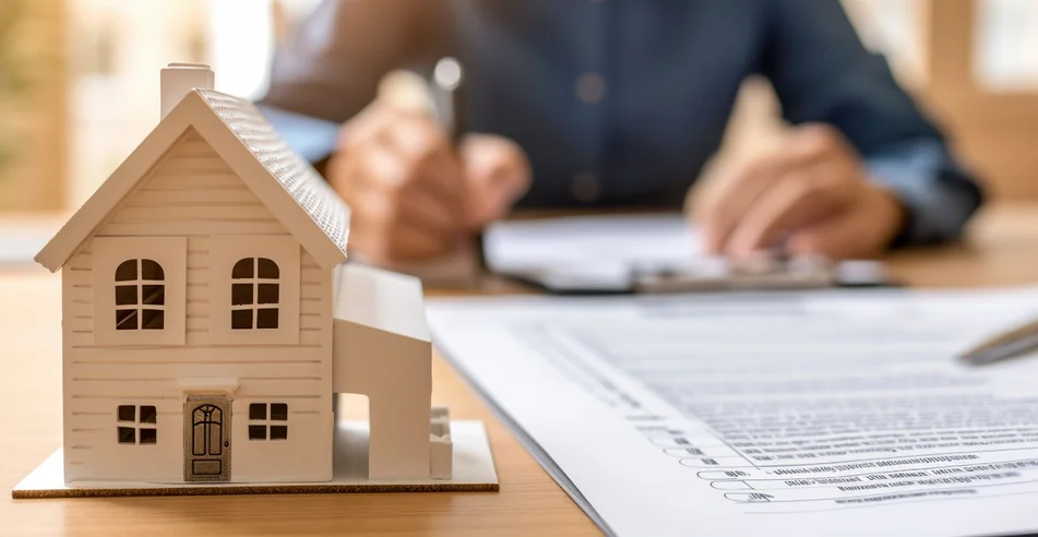 Modelo de casa sobre a mesa, agente imobiliário ou contrato de assinatura do cliente para comprar casa, seguro ou empréstimo hipotecário