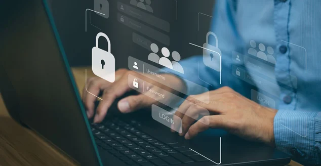 Empresários protegendo dados pessoais em laptops e interfaces virtuais, login e senha de digitação do usuário, conceito de segurança cibernética.