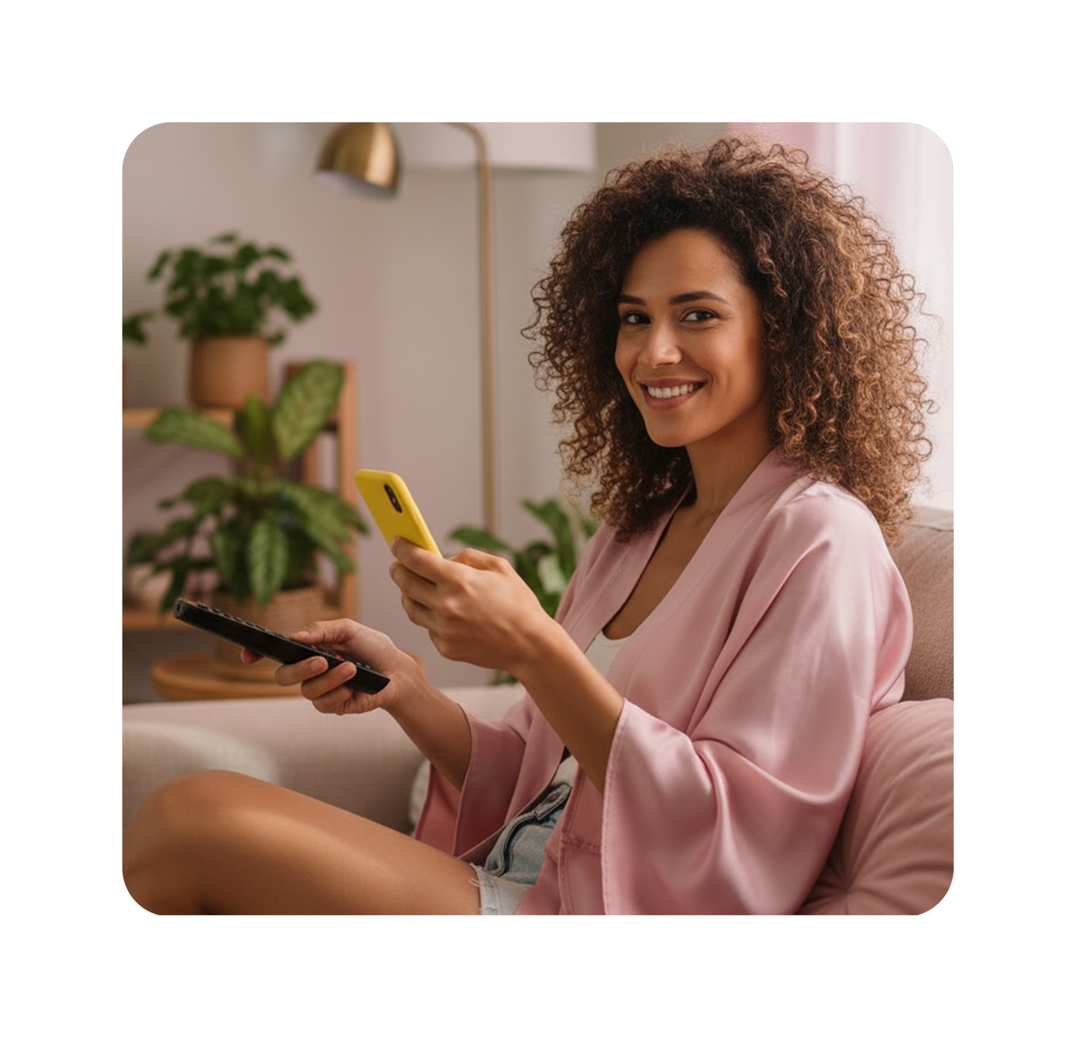 Pessoa sentada em um sofá, segurando um smartphone amarelo em uma mão e um controle remoto na outra, usando um roupão rosa.