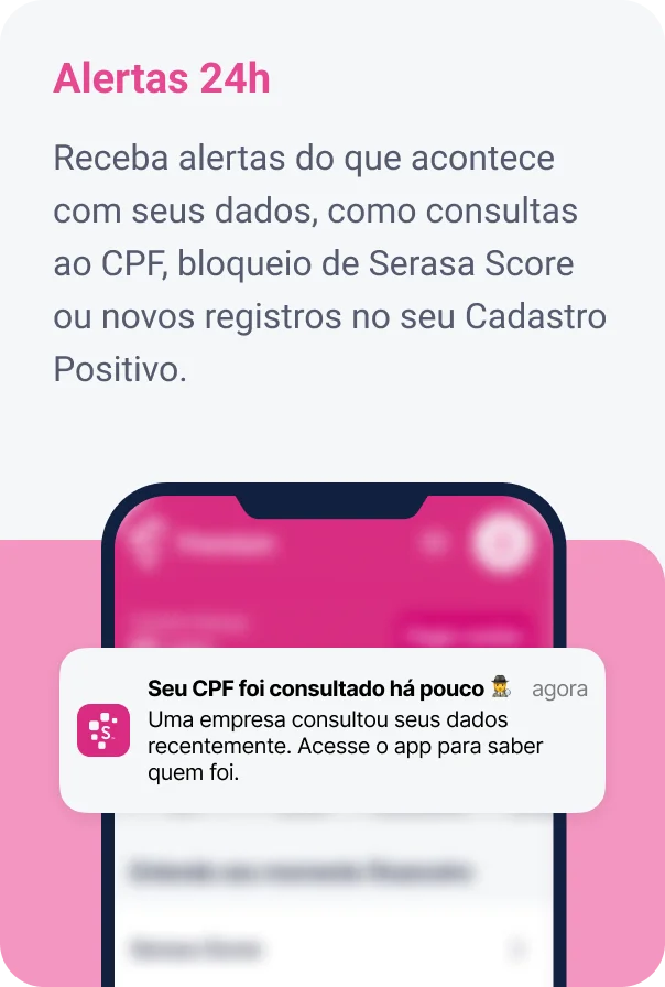 Imagem da tela de um celular com o App Serasa aberto na aba Premium demonstrando o alerta 24h