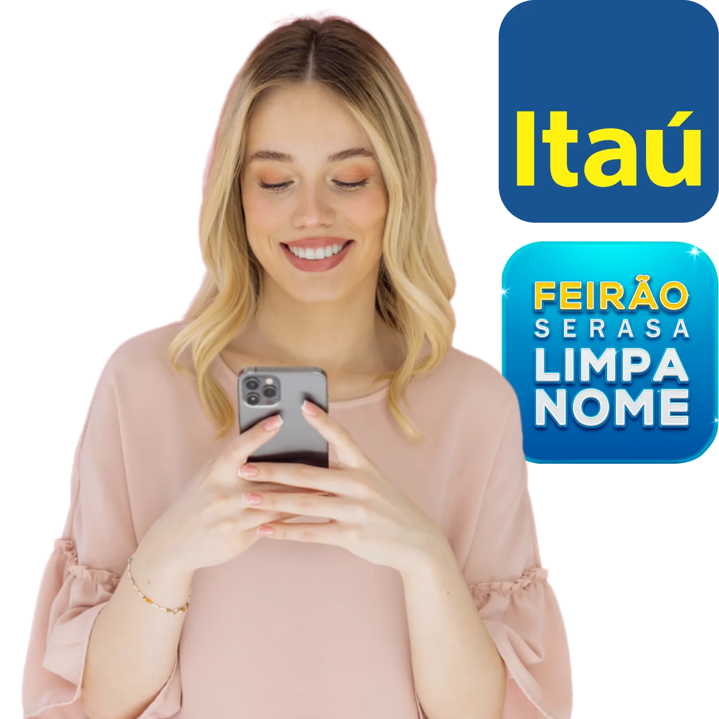 Imagem de mulher segurando um celular com logo do Itaú e Feirão Serasa Limpa Nome