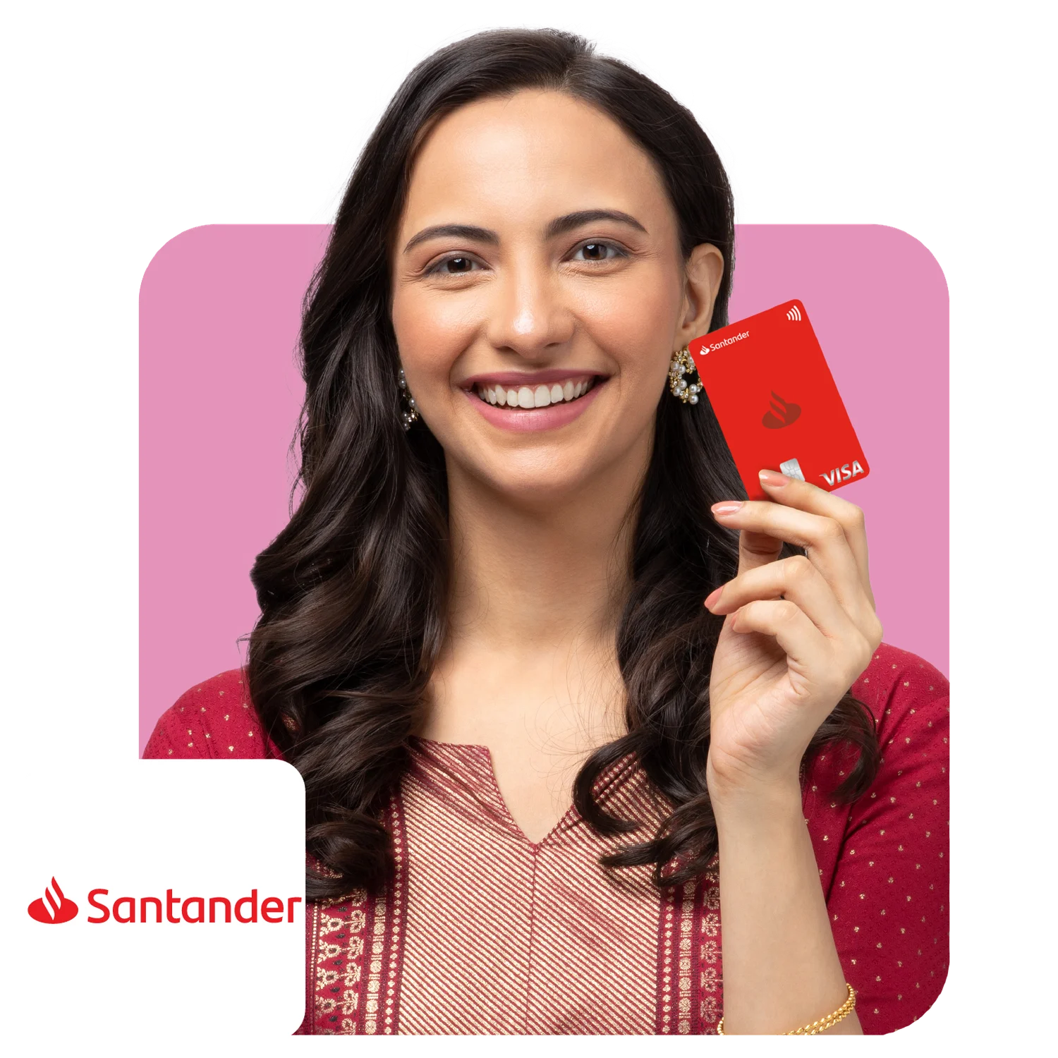 Mulher branca com logo do Santander