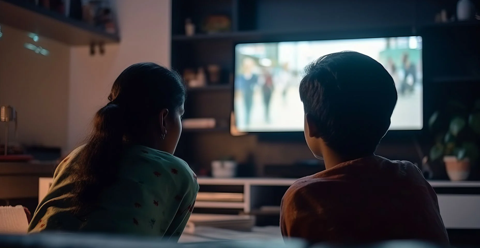 Vista traseira adolescente indiano e menino na frente da tela da televisão. Hora do cinema em casa dos irmãos das crianças. Gerar IA
