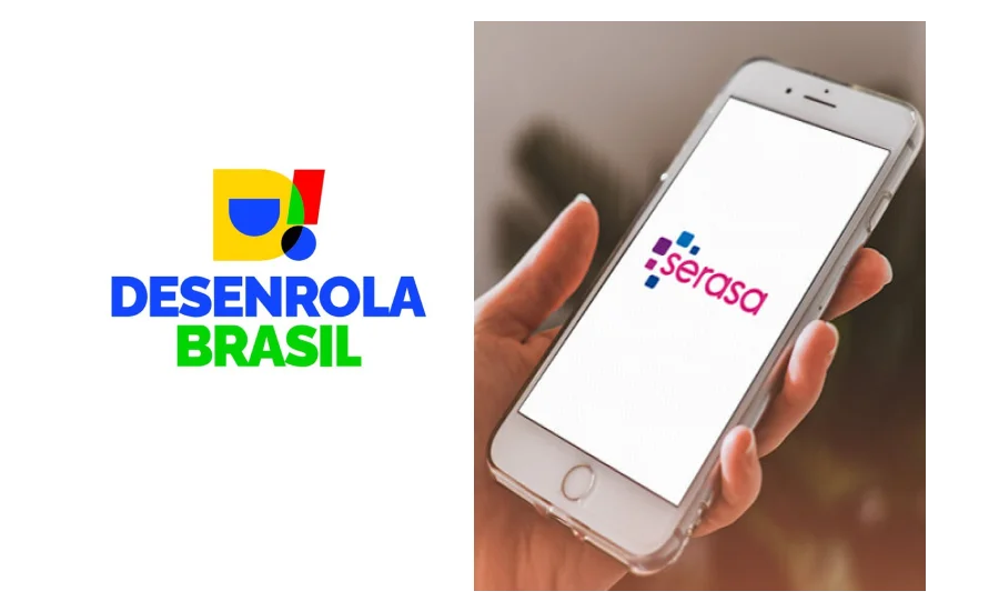 logo do desenrola Brasil e celular com o App da Serasa abrindo