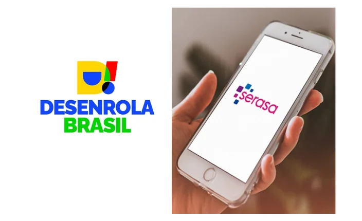 logo do desenrola Brasil e celular com o App da Serasa abrindo