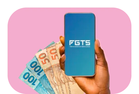 mão segurando celular com tela do FGTS e dinheiro