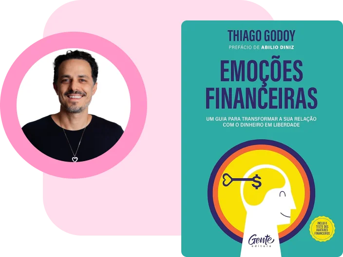 Capa do livro Emoções Financeira e com foto do escritor Thiago Godoy