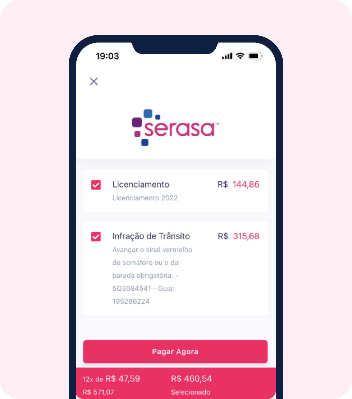 celular mostrando os debitos veiculares