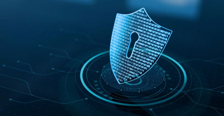 Segurança cibernética e proteção de dados na internet. Blindagem, acesso seguro e conexão criptografada protegendo informações on-line. Sistema protegido por senha. Tecnologia de cibersegurança. Ícone holográfico.